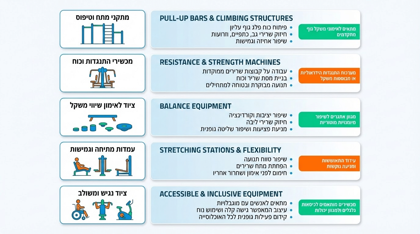 טבלת השוואה של סוגי מתקני כושר חוצות לפארקים