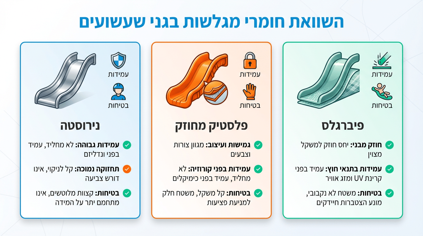 השוואת חומרים למגלשה ספירלית – נירוסטה, פלסטיק ופיברגלס