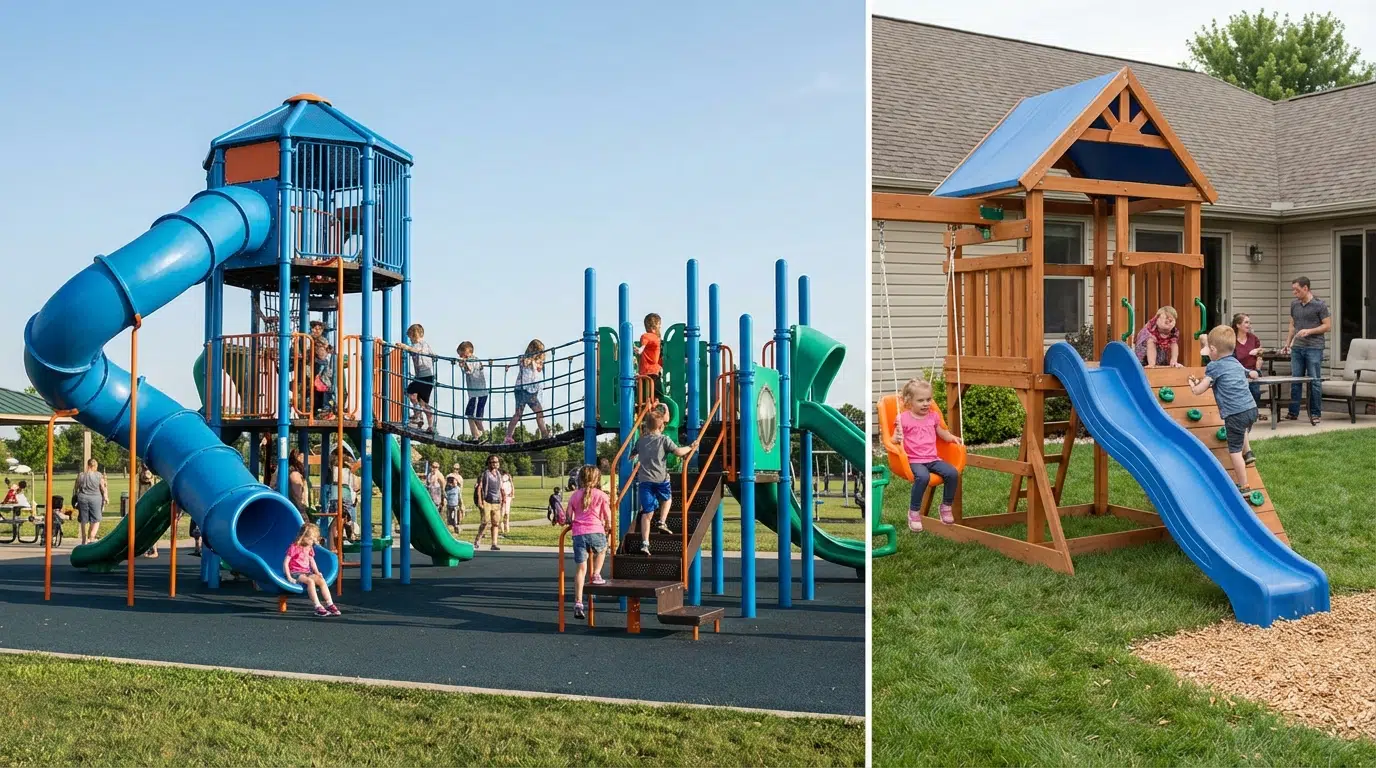 השוואה בין מתקן משחק משולב לפארק ציבורי לבין מתקן לחצר פרטית