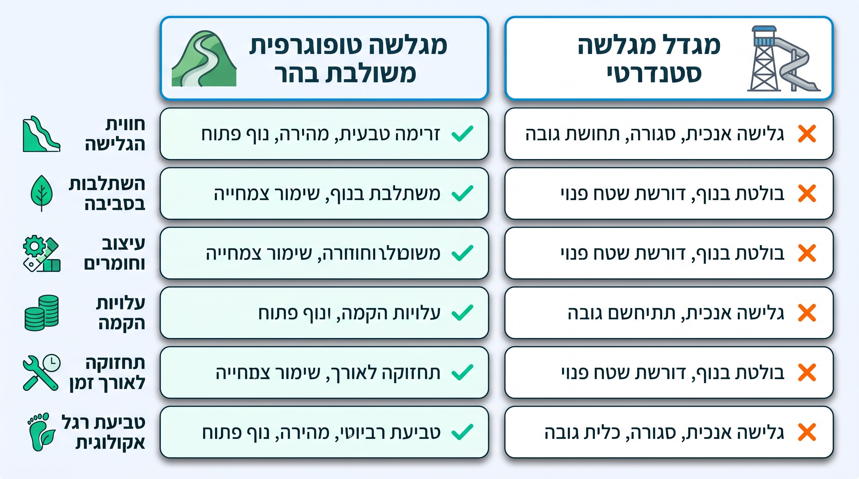 השוואה בין מגלשת טופוגרפיה משולבת בגבעה לבין מגדל מגלשה סטנדרטי